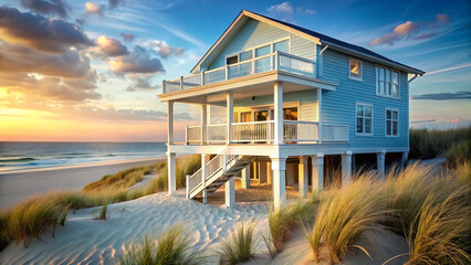 Beautiful light blue beach house with balconies on stilts overlooking the ocean at sunset