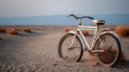 Fototapeta premium A once vibrant bicycle, rusted and partially swallowed by sand dunes, under a bright sky, 