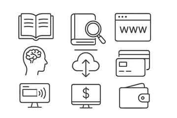 Set of 9 line icons. Knowledge, education, online learning. E-commerce, finance, online payment, credit card. Internet, cloud data, research. Thin line vector pictograms.