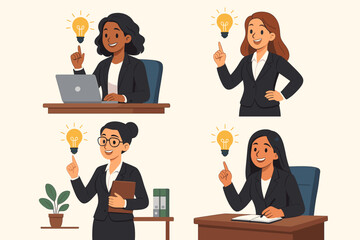 Businesswoman idea concept. Set of diverse female characters with lightbulbs. Metaphor for innovation, creativity, inspiration, eureka moment, brainstorming, and success at work.