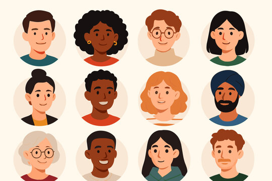 Diverse people faces vector collection. Set of multicultural character avatars for social media profile pictures. Man and woman headshot illustrations for user interface design.