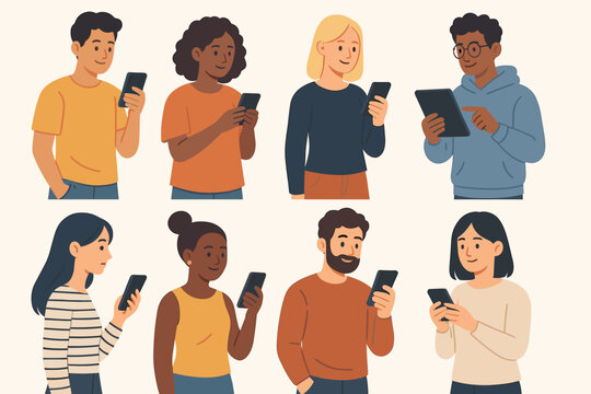 Set of diverse people using smartphones and tablets. Vector illustration of multiethnic men and women characters with mobile devices for communication and social media concepts.
