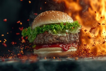 Delicious burger on a black background with fire.