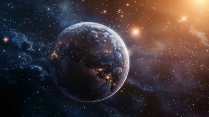 Fototapeta premium Planet Earth rotating in space with city lights illuminating the dark side