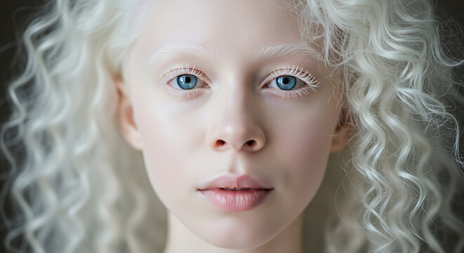  Close-up portrait of a beautiful albino woman with porcelain skin, platinum blonde eyelashes, and curly white hair, captured in soft natural light.