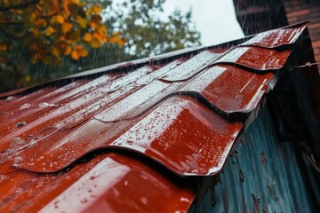 Rain falling on tin rooftop captured from above