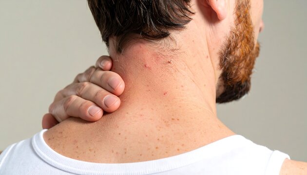 Close-up of a man's neck and upper back, showing skin irritation