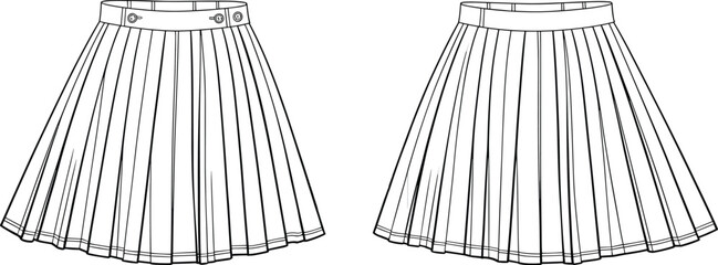 CAD drawing flat vector illustration, pleated skirt fashion design, button waistband, belt loop detail, sewing pattern, garment sketch template layout