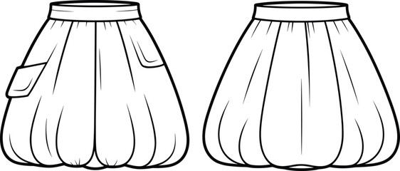 CAD drawing flat vector illustration, bubble skirt fashion template, pocket detail sketch, stylish garment design, sewing pattern, clothing blueprint