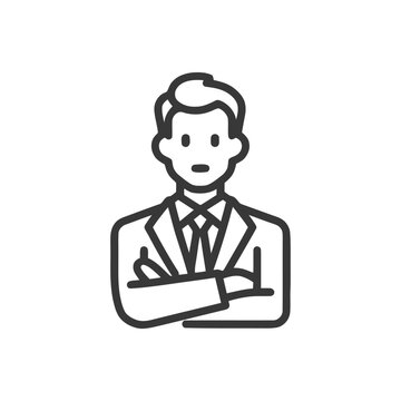 recommend clip art: Bold line art icon of a confident businessman in a suit with arms crossed.