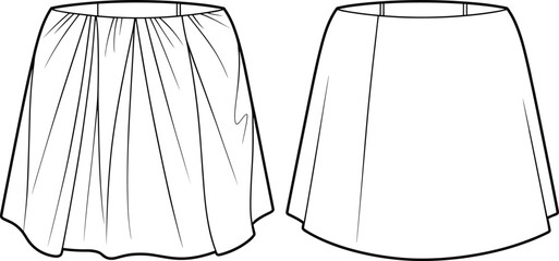 CAD drawing flat vector illustration, layered fringed skirt design, flared silhouette style, fashion garment sketch, clothing template, pattern layout