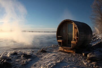 Barrel sauna by frozen lake with steam rising