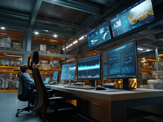 Person working at monitors in warehouse office
