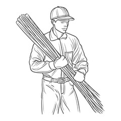 Strong Worker in Cap and Gloves Carrying a Bundle of Steel Rods, Line Art