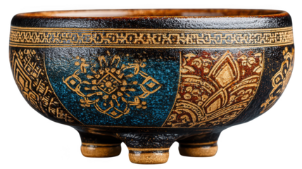 A single ornate ceramic bowl with a detailed blue and gold pattern resting on small feet presented in a closeup view isolated on transparent background