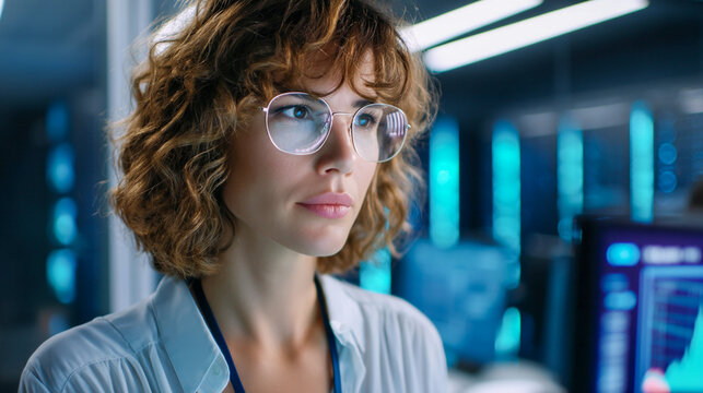 Woman with glasses looking at a computer screen