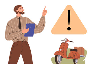 Businessman holding clipboard, pointing at caution symbol with exclamation mark near scooter carrying packages. Ideal for logistics, safety, delivery, business, alerts, communication, services
