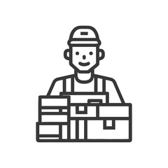 Obraz premium Friendly Logistics Worker with Stacked Parcels, Minimalist Line Art Icon
