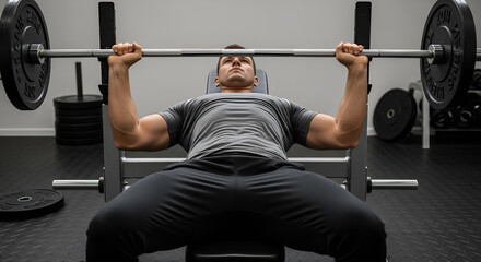 Man bench pressing barbell weight training workout strength exercise bodybuilding gym fitness routine muscle gain