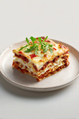 Photograph of traditional piece of lasagne on ceramic plate, visible layers of cheese and meat sauce, greenery on top, white studio lighting.