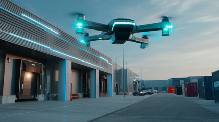 Naklejka premium Drone flying near industrial warehouse building