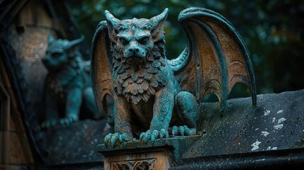Stone gargoyle, wings outstretched, guarding a dark building
