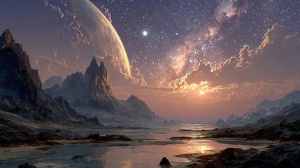 Majestic alien landscape mountain ranges starry sky huge planet glowing dawn serene water surface surreal beauty
