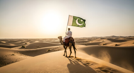 Pakistan independence day celebration desert camel ride with pakistan flag travel and tourism adventure
