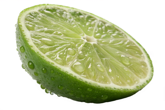Fresh lime slice half with water drops close up macro shot for healthy food and drink ingredient use on transparent background