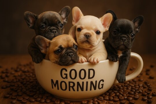 Four French Bulldog puppies sitting in a coffee cup with beans  