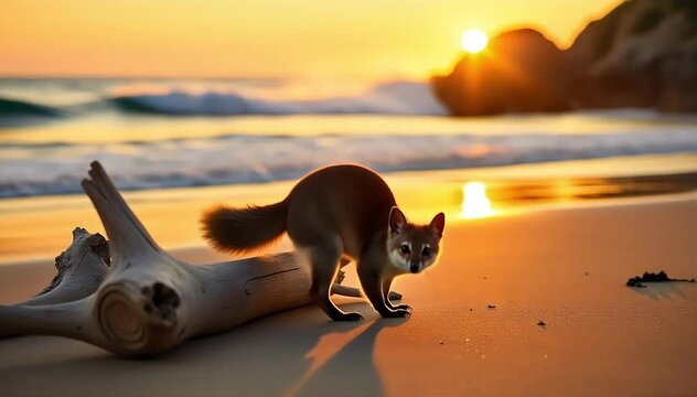 Quoll jumping playfully over a log