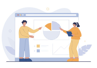 Two people collaborating on a digital presentation featuring pie charts and data analysis for business growth and strategy