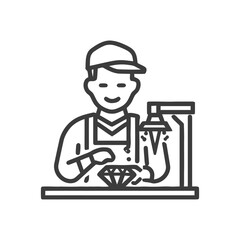 Skilled Jeweler at a Workbench Inspecting a Diamond, Line Art Icon