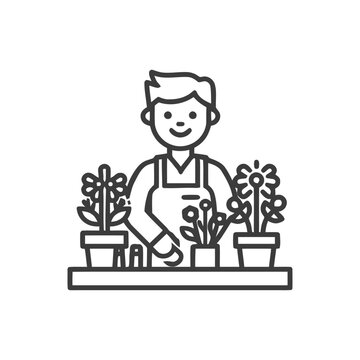 gardener tending flowers, black line art clip art preview