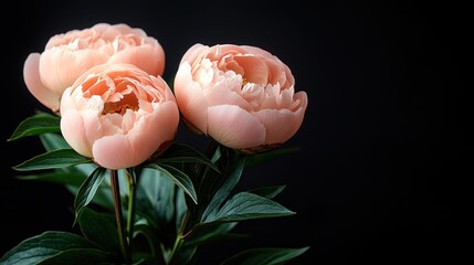 Three delicate pink blossoms with green leaves