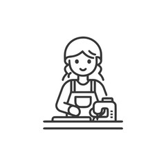 Minimalist Line Art Icon of Happy Woman Sewing with Machine, Crafting Hobby
