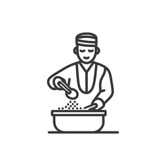 Minimalist Line Art Icon of Chef Pouring Ingredients into Mixing Bowl