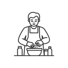 Monochrome Line Art Icon of a Person in Apron Preparing Food, Mixing Ingredients in a Bowl with Bottles