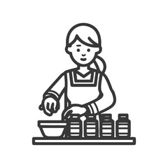 Monochrome Line Art Icon of Woman Mixing Ingredients, Bottles on Countertop