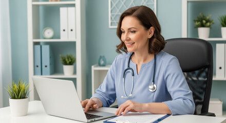 Female doctor working on a laptop in her office with a stethoscope around her neck and smiling