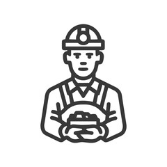Fototapeta premium Minimalist Black Line Icon of Miner in Hard Hat Holding Coal, Symbolizing Hard Work and Resource Extraction