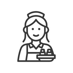 Minimalist Black Line Icon of Smiling Female Housekeeper with Service Tray and Amenities