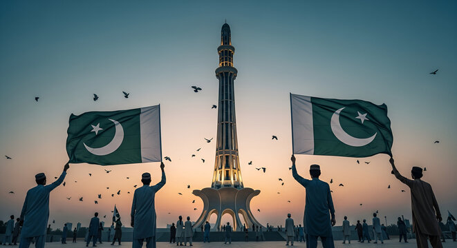 Pakistan independence day celebration minar e pakistan lahore flag waving patriotic people gathering