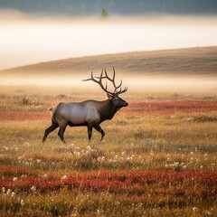 Fototapeta premium Wild Elk Roaming Autumn Meadow at Dawn