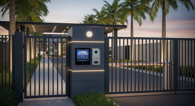 Automated gate with intercom system and palm trees at a residential entrance at dusk or dawn time