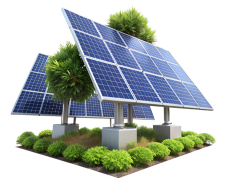 solar panels and green grass isolated on white background. PNG Transparent file type with high definition quality And vibrant color grading Available.