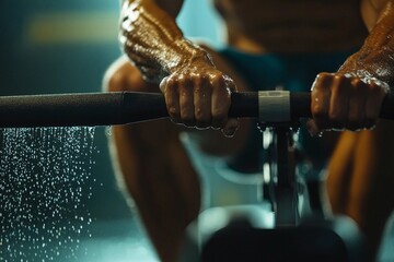 Athlete exercising intensely on rowing machine indoors