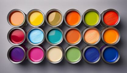 A top-down view of multiple open paint cans arranged in rows, displaying a vibrant and diverse palette of colors including red, blue, yellow, green, and purple on a neutral background.