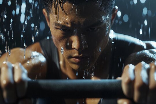 Rower pulling handle on indoor rowing machine vigorously