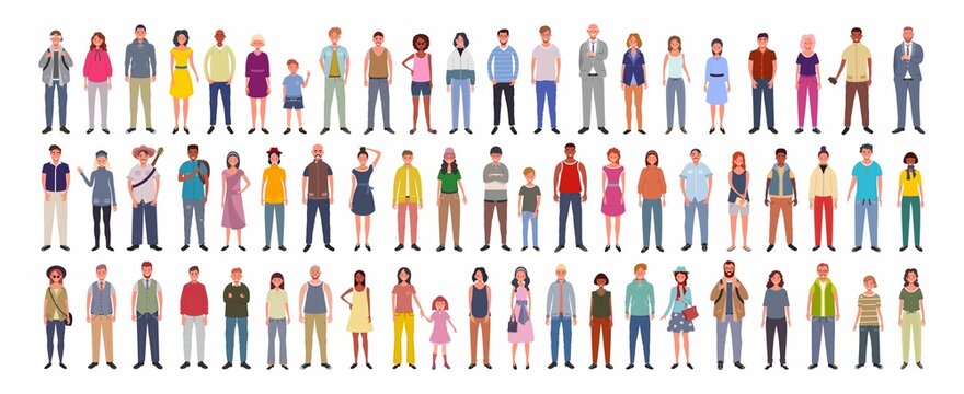 Collection of diverse cartoon style people in various outfits and poses, representing different ages, ethnicities, and lifestyles. 
